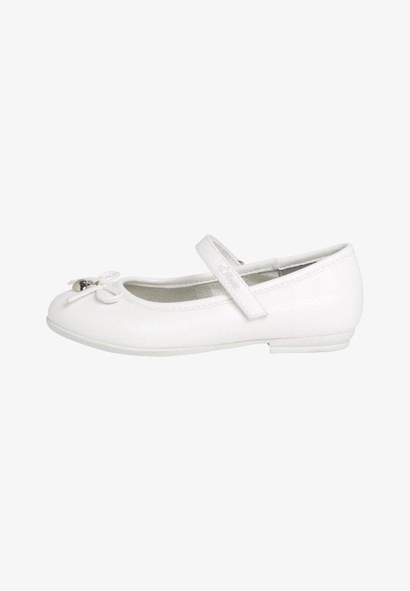 Chaussure Mary Jane blanche pour enfants avec un petit nœud et une bride sur le dessus, semelle plate et bout arrondi.