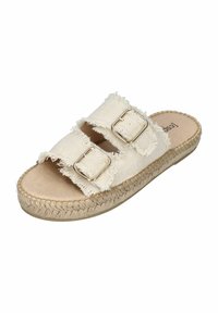 Beige fabric slide sandals with double buckles, frayed edges, and a woven jute sole. Smooth inner lining and non-slip base.