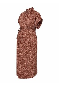 Robe de maternité couleur rouille à manches courtes avec petit imprimé floral blanc, boutonnage devant, col et ceinture à nouer à la taille.