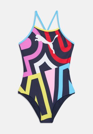 One-piece swimsuit with thin blue straps, featuring multicolor geometric patterns and a white Puma logo on the chest.