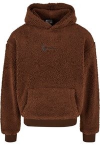 Felpa con cappuccio marrone in pile con superficie testurizzata, tasca frontale e polsini e orlo a coste. Presenta un piccolo logo sul petto.