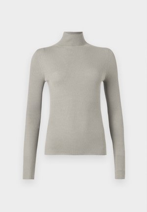 Hellgrauer, gerippter Rollkragenpullover mit langen Ärmeln. Weicher Stoff, figurnahe Passform, mit hohem Kragen und nahtlosem Finish.