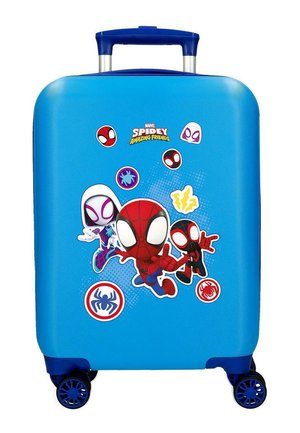 Maleta azul para niños con personajes animados de Spidey y sus amigos, y logotipos de arañas en la parte delantera, con asa retráctil y cuatro ruedas.