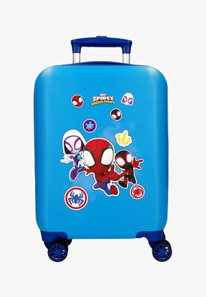 Maleta azul para niños con personajes animados de Spidey y sus amigos, y logotipos de arañas en la parte delantera, con asa retráctil y cuatro ruedas.
