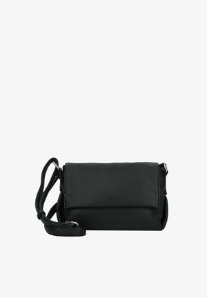 Sac crossbody en cuir noir avec une finition texturée, fermeture à rabat et bandoulière réglable. Design compact avec un style minimaliste et sans quincaillerie visible.