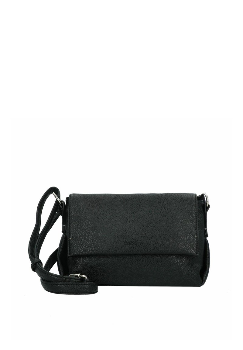 Bolso bandolera de cuero negro con acabado texturizado, cierre de solapa y correa ajustable. Diseño compacto con estilo minimalista y sin hardware visible.