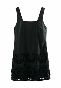 Schwarzes Kleid aus Baumwolle mit quadratischem Ausschnitt, breiten Trägern und aufwendigen Stickereiausschnitten am Saum, die Wirbel und kreisförmige Muster zeigen.