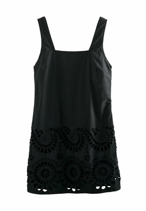 Abito nero in cotone con scollatura quadrata, spalline larghe e ricami intagliati intricati sull'orlo che presentano spirali e motivi circolari.