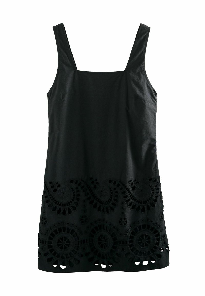 Schwarzes Kleid aus Baumwolle mit quadratischem Ausschnitt, breiten Trägern und aufwendigen Stickereiausschnitten am Saum, die Wirbel und kreisförmige Muster zeigen.