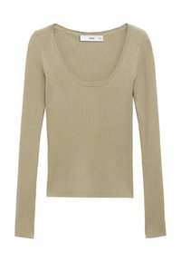 Maglia a maniche lunghe a coste di colore verde oliva spento. Presenta una ampia scollatura rotonda e una silhouette aderente. Texture morbida.