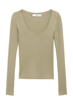 Top cu mâneci lungi ribbed de culoare verde măsliniu pal. Are un guler larg în formă de cerc și o siluetă ajustată. Textură moale.
