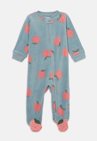 Helles blaues Fleece-Einteiler mit pinken Pfirsichmustern, durchgehendem Reißverschluss und pfirsichförmigen Fußakzenten mit lächelnden Gesichtern. Lange Ärmel und bündchen an den Handgelenken.