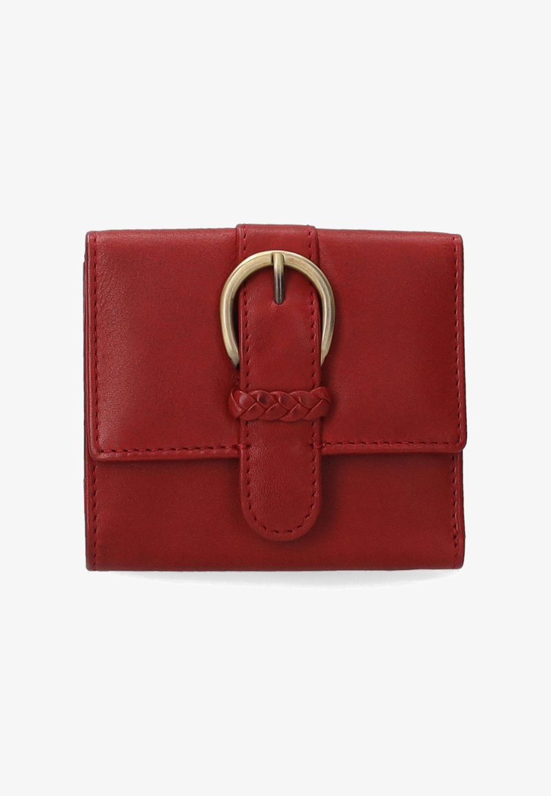Portefeuille en cuir rouge avec une finition texturée, présentant un accent tressé et des éléments en laiton sur un design simple et rectangulaire.