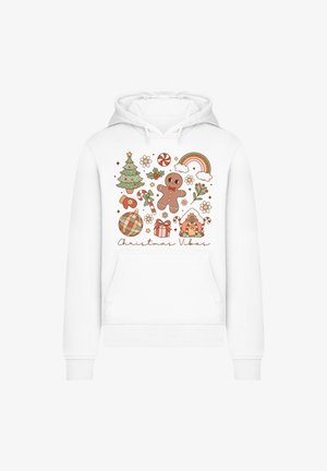 Weißer Hoodie mit einem bunten, weihnachtlichen Motiv, das einen Baum, einen Lebkuchenmann, Geschenke und dekorative Akzente zeigt.