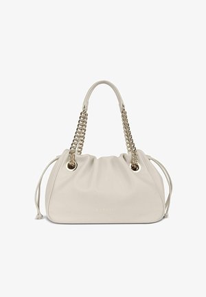 Light beige leather handbag with a gathered design, silver chain accents, and adjustable drawstring closures on the sides.