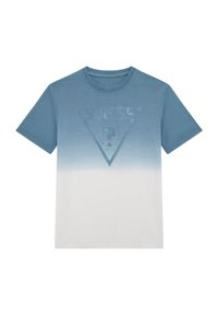 Camiseta de manga corta con un diseño en degradado que va del azul en la parte superior al blanco en la parte inferior. Incluye un logo texturizado en el centro.