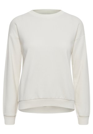 Crème-kleurige sweatshirt met lange mouwen, ronde hals, ribgebreide manchetten en onderkant, gemaakt van zachte stof met een gladde textuur. Geen patronen of accenten.