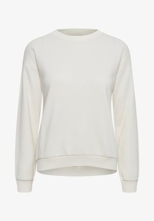 Crème-kleurige sweatshirt met lange mouwen, ronde hals, ribgebreide manchetten en onderkant, gemaakt van zachte stof met een gladde textuur. Geen patronen of accenten.