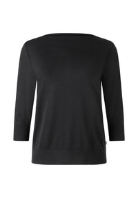 Top in maglia nera a maniche lunghe con scollatura a barca ampia, polsini a coste e vestibilità leggermente morbida. Texture liscia con un design casual.