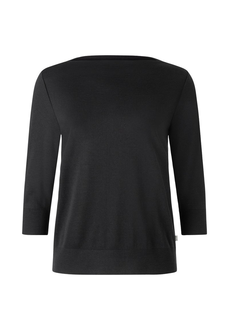 Top in maglia nera a maniche lunghe con scollatura a barca ampia, polsini a coste e vestibilità leggermente morbida. Texture liscia con un design casual.