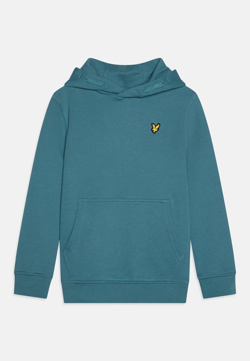 Sweat à capuche bleu sarcelle, doté d'une poche kangourou à l'avant, de poignets côtelés et d'un petit logo jaune sur la poitrine. Texture lisse.