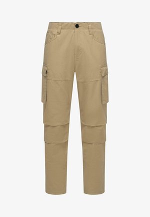 Khaki cargo-housut, jotka on valmistettu puuvillasekoitteesta, sisältävät useita sivutaskuja, suorat lahkeet ja napin sulkemisen vyötäröllä.