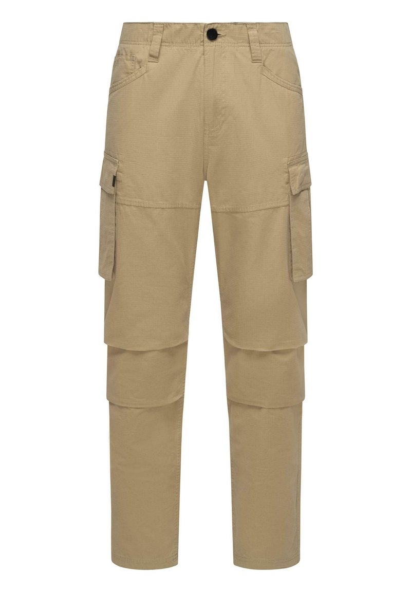 Khaki cargo broek van een katoenmix, met meerdere zijzakken, een rechte pijpdesign en een knoopsluiting in de taille.