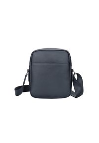 Borsa a tracolla nera in pelle con finitura texture, forma quadrata, cerniera superiore e tracolla regolabile. Dotata di una tasca frontale per la conservazione.