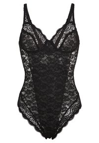 Zwarte kanten bodysuit met bloemmotieven, verstelbare bandjes, een scalloped rand en onderwire ondersteuning voor een gestructureerde pasvorm.