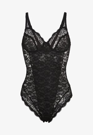 Schwarzer Spitzen-Bodysuit mit floralen Mustern, verstellbaren Trägern, gewelltem Saum und Unterdrahtunterstützung für eine strukturierte Passform.