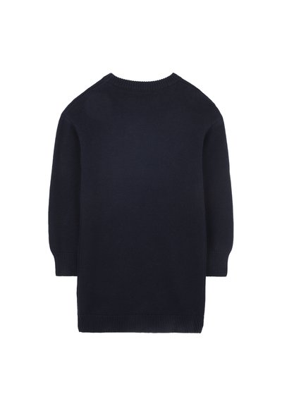 Pull en tricot bleu marine à manches longues avec col rond côtelé, finitions côtelées aux poignets et à l'ourlet, présenté de dos sur un fond blanc.