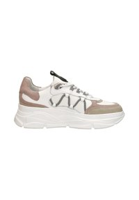 Shoe features a combination of white leather, pink suede accents, and black laces, with a thick white rubber sole and textured design elements.