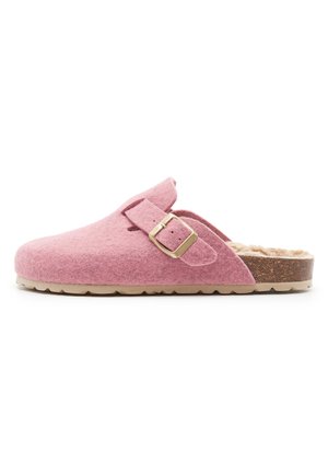 Sabot rose à enfiler avec dessus en feutre, bride réglable avec boucle, semelle en liège et doublure intérieure en fourrure.