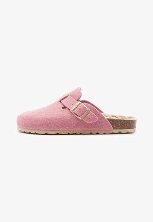 Sabot rose à enfiler avec dessus en feutre, bride réglable avec boucle, semelle en liège et doublure intérieure en fourrure.