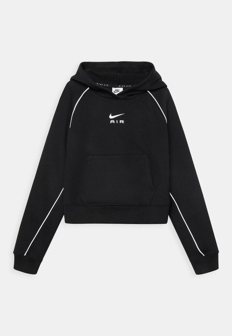 Black cropped hoodie made of soft fabric, featuring white piping along the seams, a front pocket, and a central Nike Air logo.