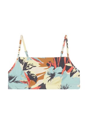 Haut de bikini imprimé floral avec fines bretelles ajustables en beige, orange, noir, rouge et bleu clair sur fond blanc.