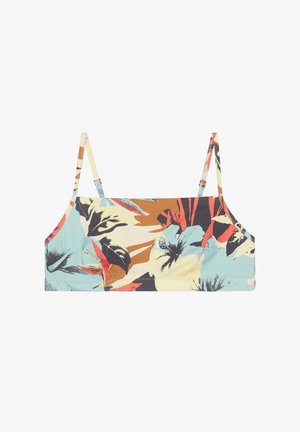 Haut de bikini imprimé floral avec fines bretelles ajustables en beige, orange, noir, rouge et bleu clair sur fond blanc.