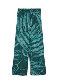 Weite Hosen in Teal mit einem Blättermuster. Aus leichtem Stoff gefertigt, mit Lochstickerei und einem elastischen Bund.