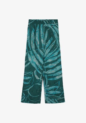 Pantalons larges en teal avec un motif de feuilles. Fabriqués en tissu léger, avec des détails en œillets et une taille élastique.