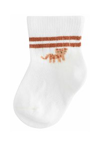 Calzino bianco in cotone con bordo a coste e due strisce arancioni. Presenta un design di un gatto arancione su un lato. Texture morbida, lunghezza standard per calzini alla caviglia.