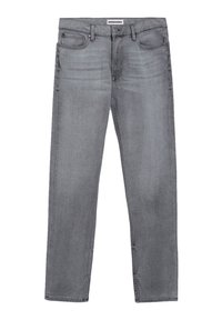 Jean en denim gris avec une coupe droite, un design cinq poches et un léger délavage. Dispose d'une fermeture par bouton et fermeture éclair, avec une étiquette de marque à la taille.