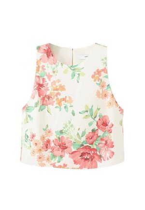 Bezrekawnikowy biały krótki top z okrągłym dekoltem, z kwiatowym wzorem w odcieniach różu, brzoskwini, zieleni i koralu.