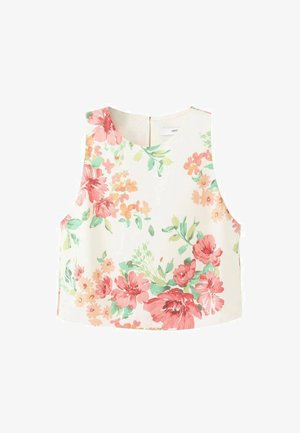 Bezrekawnikowy biały krótki top z okrągłym dekoltem, z kwiatowym wzorem w odcieniach różu, brzoskwini, zieleni i koralu.