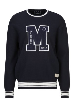 Marineblauwe trui met ronde hals, met witte gestreepte manchetten en zoom, grote gestructureerde letter "M" met "UNIVERSITÀ" en "19V69" op de voorkant.