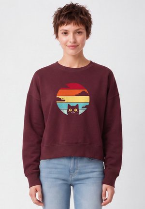 Junge Person mit kurzen braunen Haaren, die einen dunkelroten Pullover mit einem bunten, runden Katzenmotiv und hellblaue Jeans trägt.