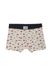 Jungen Unterhosen aus hellgrauer Baumwolle mit einem Muster aus roten und gelben Fahrzeugen. Marineblaues elastisches Bündchen mit einem "vroom" Etikett.