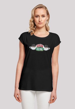 Black T-shirt with short sleeves featuring a "CENTRAL PERK" graphic, coffee cup illustrations, and colorful lettering on the front.