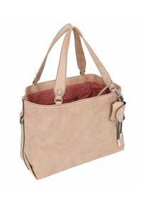 Sac fourre-tout en simili cuir beige avec doubles poignées, intérieur à motifs roses, poche zippée à l'intérieur et un charm amovible sur le côté.