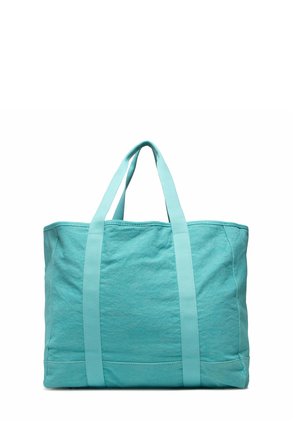 Türkisfarbene Stofftragetasche mit zwei Schulterriemen, rechteckiger Form und einfachen Ziernähten auf weißem Hintergrund.