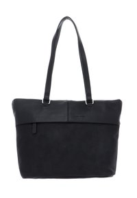 Borsa tote nera con una sezione superiore liscia e un'area inferiore testurizzata. Doppi manici con hardware argentato. Design minimalista, senza motivi.